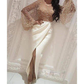 Beaded Patchwork Slit Long Puff Sleeve Formal Gown